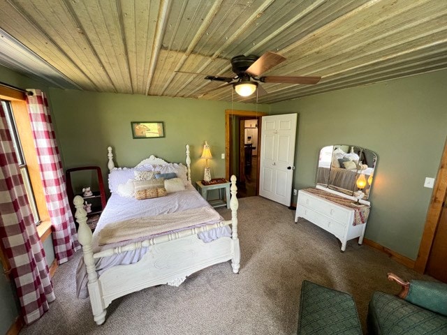 bedroom featuring carpet flooring, ceiling fan, and wood ceiling