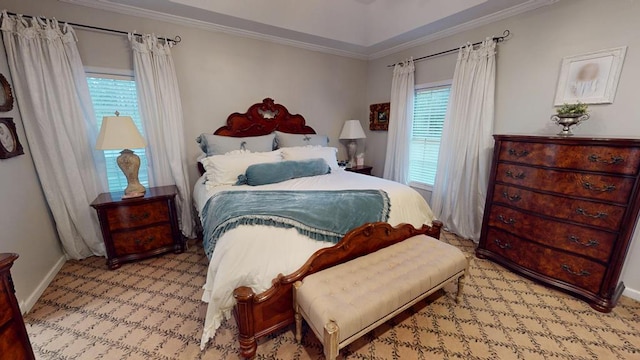 carpeted bedroom with baseboards and ornamental molding