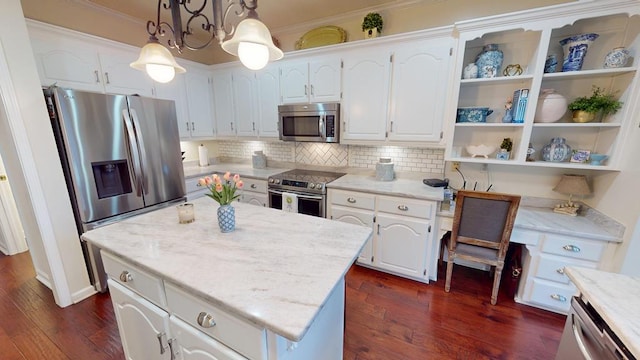 kitchen featuring dark wood-type flooring, decorative backsplash, appliances with stainless steel finishes, white cabinets, and open shelves