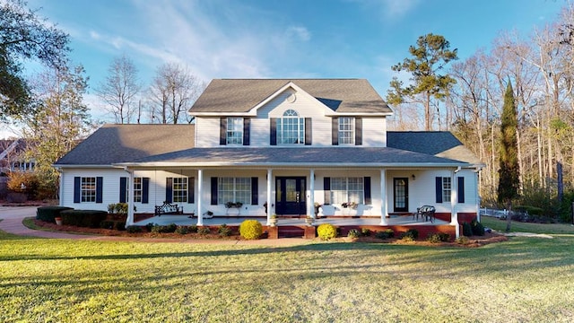 farmhouse featuring covered porch and a front lawn