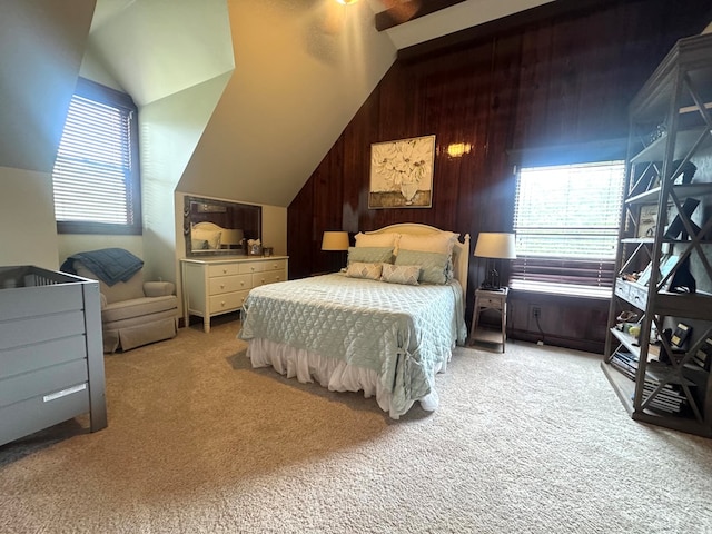 2837 Woodham Rd, Dothan, AL 36303 - bedroom featuring carpet, lofted ceiling, and wood walls