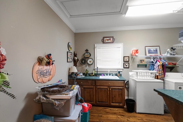 206 N Main St, Columbia, AL 36319 - clothes washing area with dark wood-type flooring, cabinets, ornamental molding, and sink