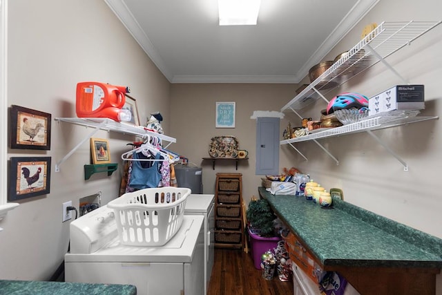 206 N Main St, Columbia, AL 36319 - laundry area featuring ornamental molding, electric panel, dark hardwood / wood-style floors, and washing machine and clothes dryer