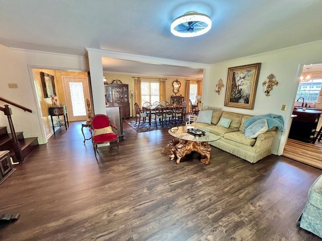 1503 Buena Vista Dr, Dothan, AL 36303 - living room with crown molding, healthy amount of natural light, dark wood finished floors, stairway, and baseboards