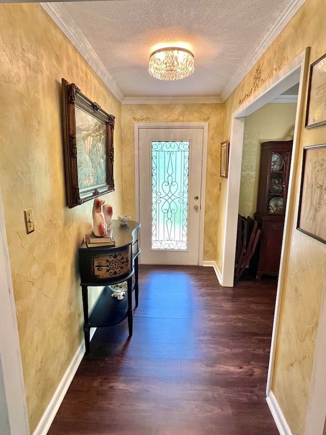 1503 Buena Vista Dr, Dothan, AL 36303 - foyer entrance featuring wood finished floors, crown molding, a textured ceiling, baseboards, and a chandelier