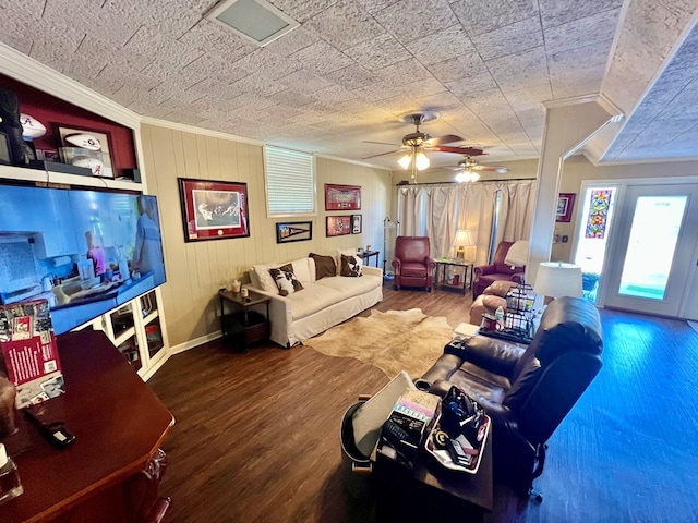 1503 Buena Vista Dr, Dothan, AL 36303 - living room featuring ornamental molding, a ceiling fan, wood finished floors, and baseboards