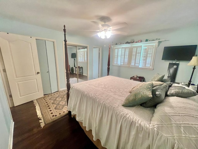 1503 Buena Vista Dr, Dothan, AL 36303 - bedroom with dark wood finished floors, two closets, and a ceiling fan