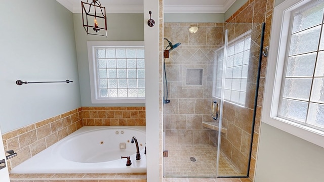 107 Boulder Dr, Dothan, AL 36305 - bathroom featuring a jetted tub, ornamental molding, a shower stall, and plenty of natural light