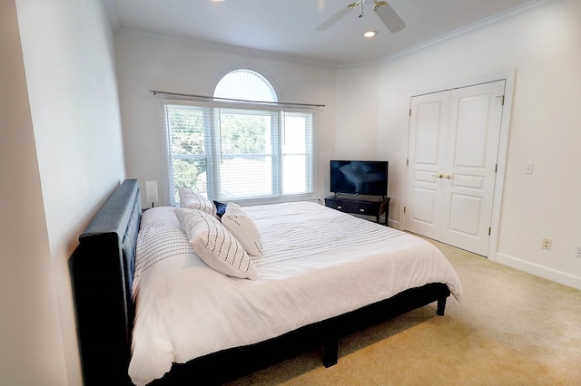 221 Asphodel Dr, Dothan, AL 36303 - bedroom with crown molding, light colored carpet, a ceiling fan, and recessed lighting