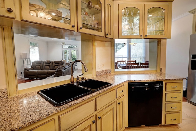 221 Asphodel Dr, Dothan, AL 36303 - kitchen featuring black dishwasher, a peninsula, open floor plan, glass insert cabinets, and light tile patterned flooring