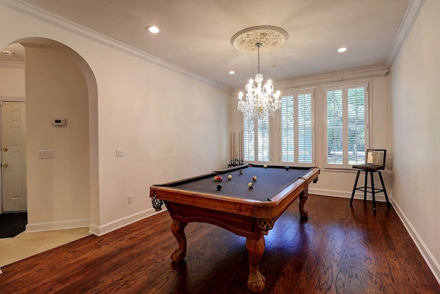 221 Asphodel Dr, Dothan, AL 36303 - recreation room featuring arched walkways, ornamental molding, wood finished floors, pool table, and recessed lighting