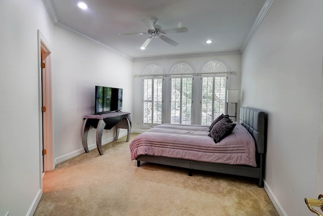 221 Asphodel Dr, Dothan, AL 36303 - bedroom with light colored carpet, crown molding, recessed lighting, and ceiling fan