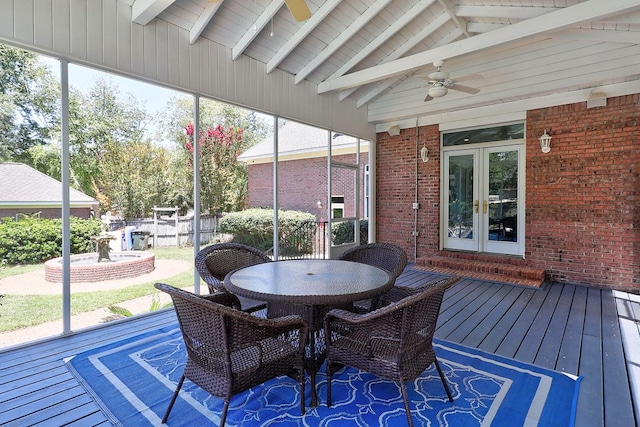 221 Asphodel Dr, Dothan, AL 36303 - wooden terrace featuring french doors, a ceiling fan, and outdoor dining space