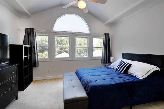 221 Asphodel Dr, Dothan, AL 36303 - bedroom with light carpet, crown molding, lofted ceiling, and a ceiling fan
