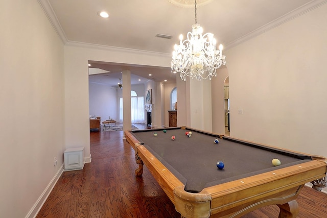 221 Asphodel Dr, Dothan, AL 36303 - recreation room featuring arched walkways, pool table, crown molding, dark wood-style flooring, and a chandelier