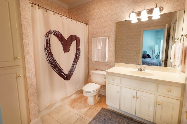221 Asphodel Dr, Dothan, AL 36303 - bathroom featuring tile patterned flooring, vanity, connected bathroom, curtained shower, and wallpapered walls