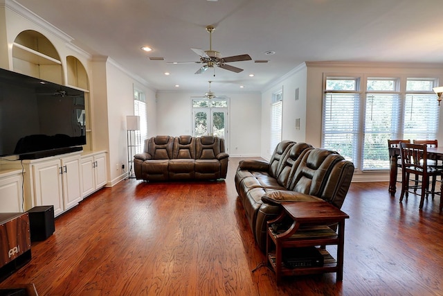 221 Asphodel Dr, Dothan, AL 36303 - living area with ceiling fan, ornamental molding, dark wood-style flooring, and recessed lighting
