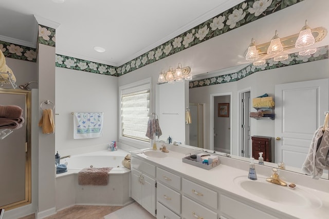 bathroom featuring vanity, shower with separate bathtub, and crown molding