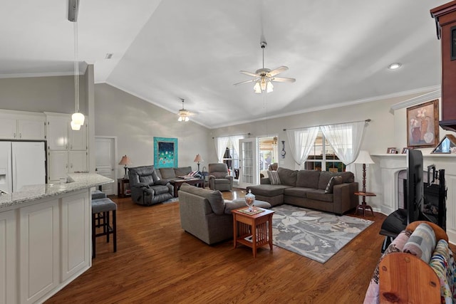 living room with crown molding, vaulted ceiling, ceiling fan, and dark hardwood / wood-style flooring