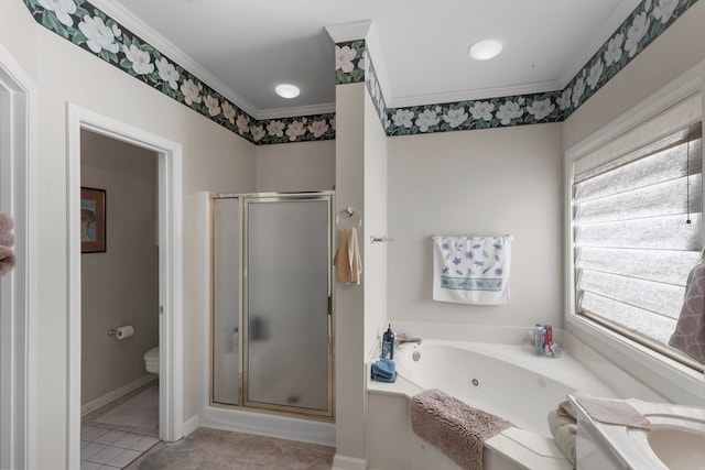 full bathroom featuring toilet, crown molding, separate shower and tub, and tile patterned flooring