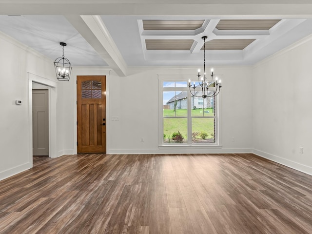 328 Lakes Dr, Enterprise, AL 36330 - interior space with an inviting chandelier, coffered ceiling, and wood finished floors