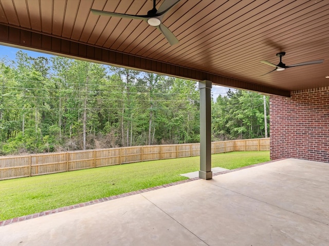 328 Lakes Dr, Enterprise, AL 36330 - view of patio / terrace featuring a forest view, ceiling fan, and a fenced backyard