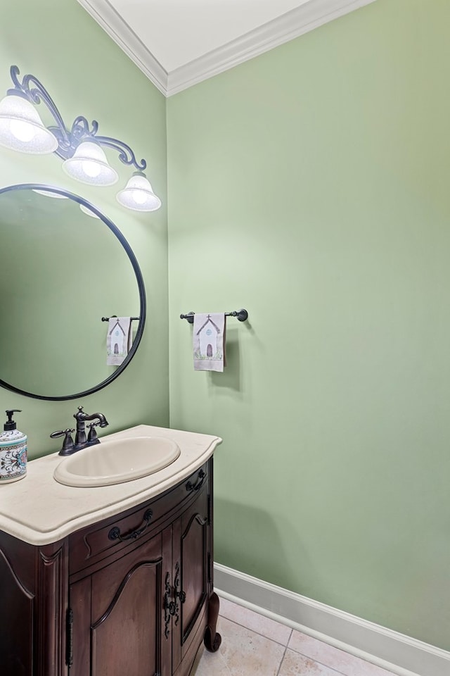 bathroom with vanity, tile patterned floors, and ornamental molding