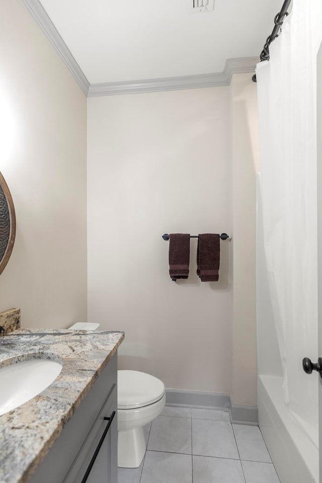 full bathroom with vanity, tile patterned floors, crown molding, toilet, and shower / bathtub combination with curtain