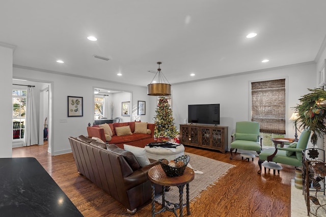 living room with dark hardwood / wood-style floors and ornamental molding