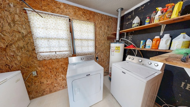 505 Massee Dr, Dothan, AL 36301 - washroom with separate washer and dryer, crown molding, water heater, a textured ceiling, and wallpapered walls