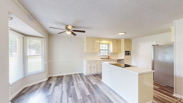 505 Massee Dr, Dothan, AL 36301 - kitchen featuring appliances with stainless steel finishes, a textured ceiling, light wood finished floors, light countertops, and ceiling fan