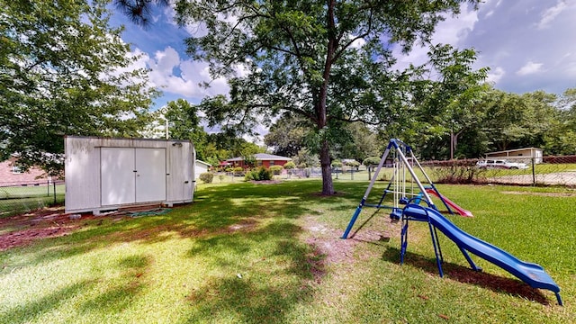 505 Massee Dr, Dothan, AL 36301 - view of yard with a playground and a storage shed