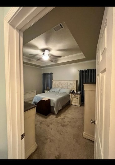 211 Paul Revere Run, Dothan, AL 36305 - bedroom with a tray ceiling, carpet, ceiling fan, and ornamental molding