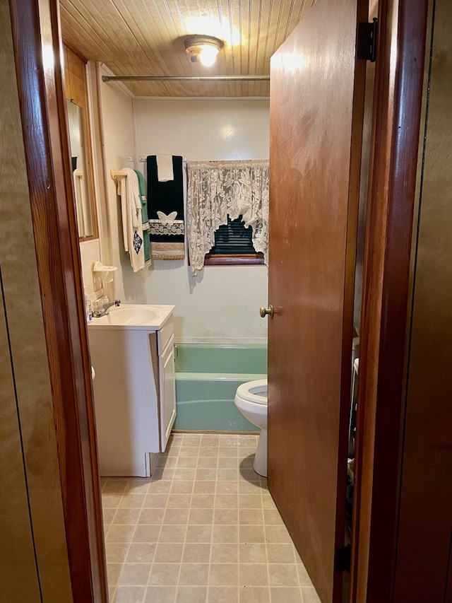 bathroom with tile patterned flooring, a tub to relax in, toilet, vanity, and wood ceiling