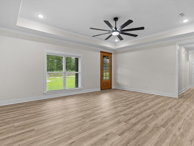 146 County Road 657, Chancellor, AL 36316 - unfurnished room with a tray ceiling, ornamental molding, light wood-style floors, ceiling fan, and recessed lighting