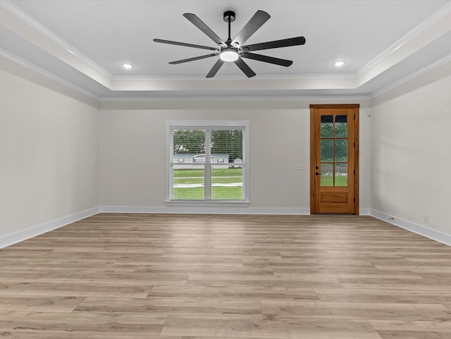 146 County Road 657, Chancellor, AL 36316 - empty room with a tray ceiling, ornamental molding, light wood-type flooring, ceiling fan, and recessed lighting