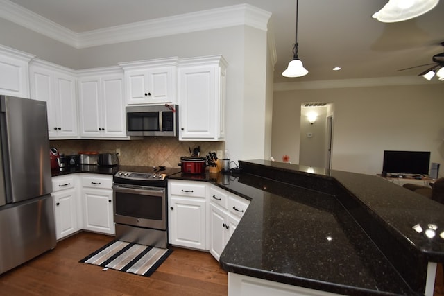 kitchen featuring ornamental molding, a peninsula, a ceiling fan, dark wood finished floors, and stainless steel appliances
