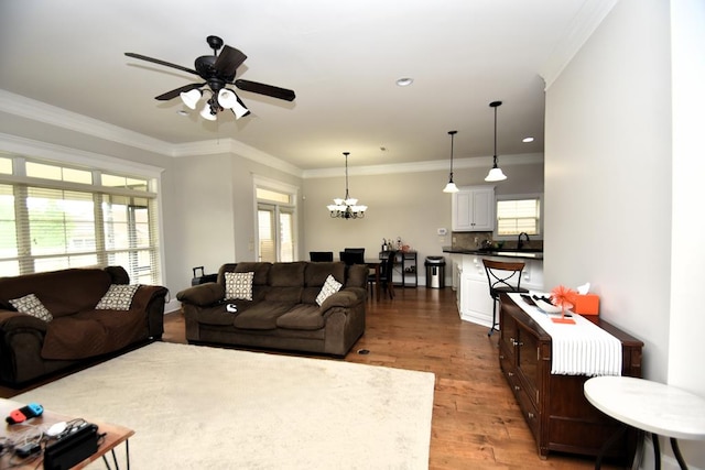 living room with a healthy amount of sunlight, crown molding, ceiling fan with notable chandelier, and wood finished floors