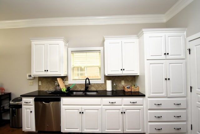 kitchen featuring dark countertops, ornamental molding, stainless steel dishwasher, and backsplash