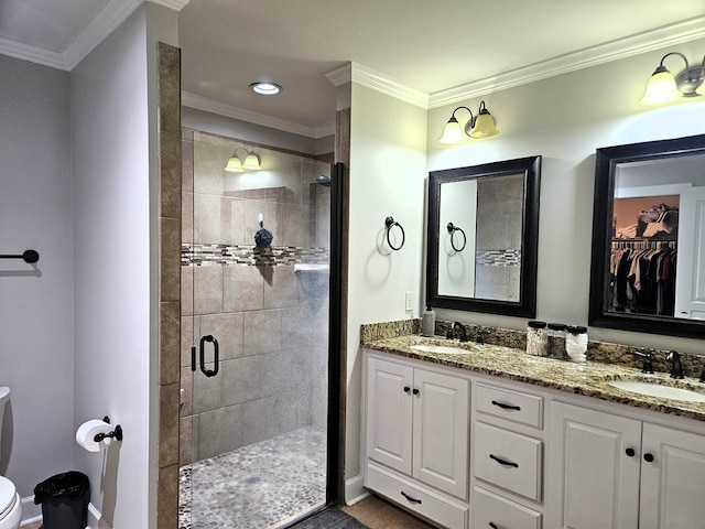bathroom featuring double vanity, toilet, a shower stall, and a sink