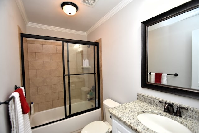 full bathroom featuring vanity, ornamental molding, enclosed tub / shower combo, and visible vents