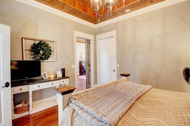 bedroom with a notable chandelier, wood-type flooring, crown molding, and wooden ceiling