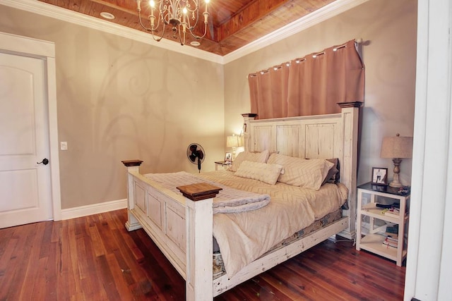 bedroom with wooden ceiling, crown molding, dark wood-type flooring, and a notable chandelier