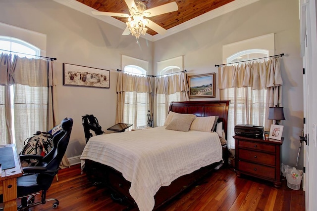 bedroom with ornamental molding, wooden ceiling, ceiling fan, and dark wood-type flooring