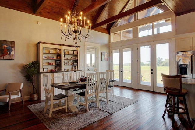 dining area with french doors, dark hardwood / wood-style flooring, high vaulted ceiling, and wood ceiling