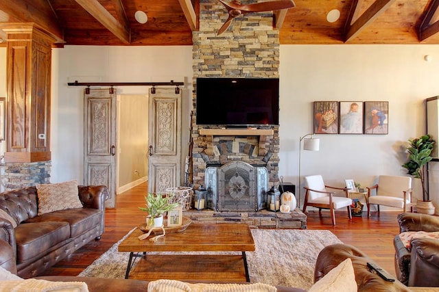 living room with ceiling fan, wood-type flooring, wooden ceiling, and a fireplace