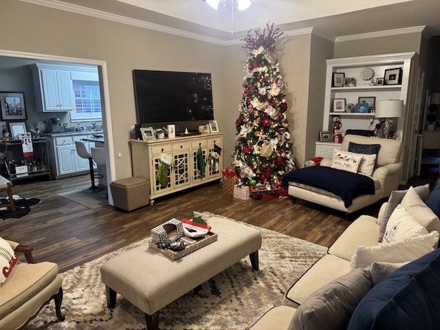 living room with crown molding, ceiling fan, and dark wood-type flooring