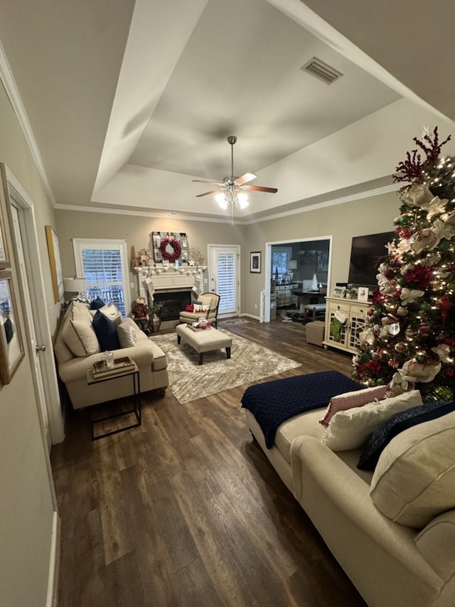 living room featuring a raised ceiling, crown molding, ceiling fan, and dark wood-type flooring