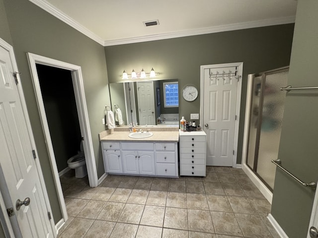 full bathroom with tile patterned flooring, vanity, ornamental molding, and independent shower and bath