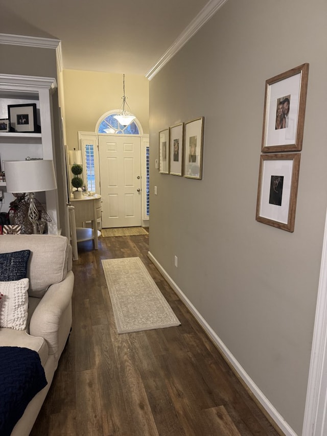 foyer with dark hardwood / wood-style floors and crown molding